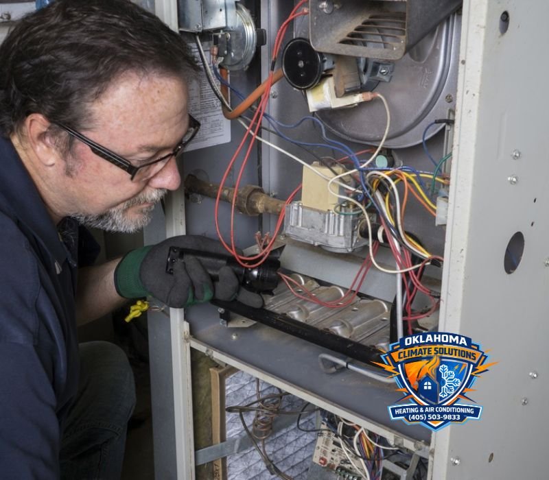 Inspecting Gas Furnace - Oklahoma Climate Solutions